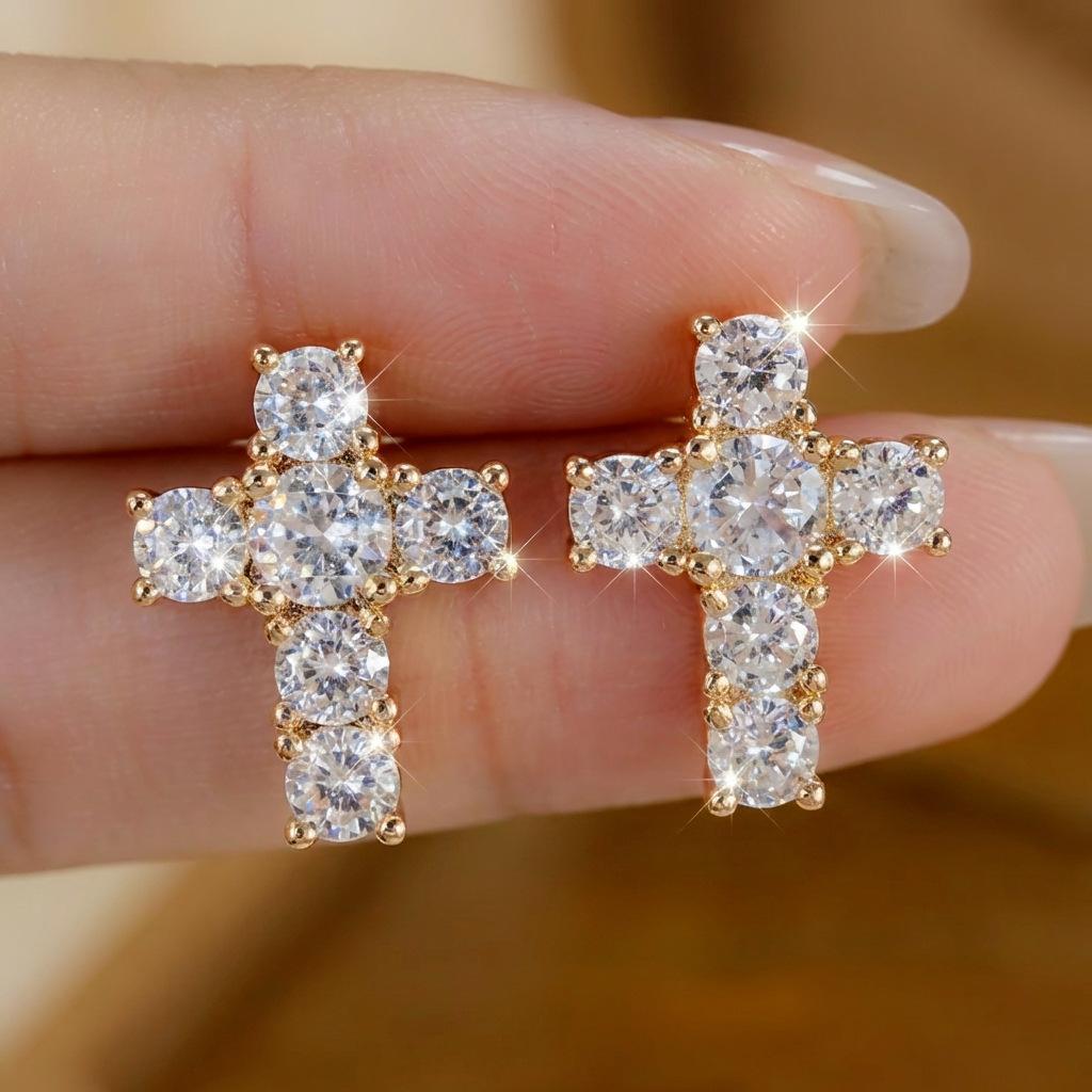 Women's Earrings New Model Sparkling Zirconia Inlaid Exquisite Cross Fashion Casual Earrings Unique Trendy Niche Ear Accessories