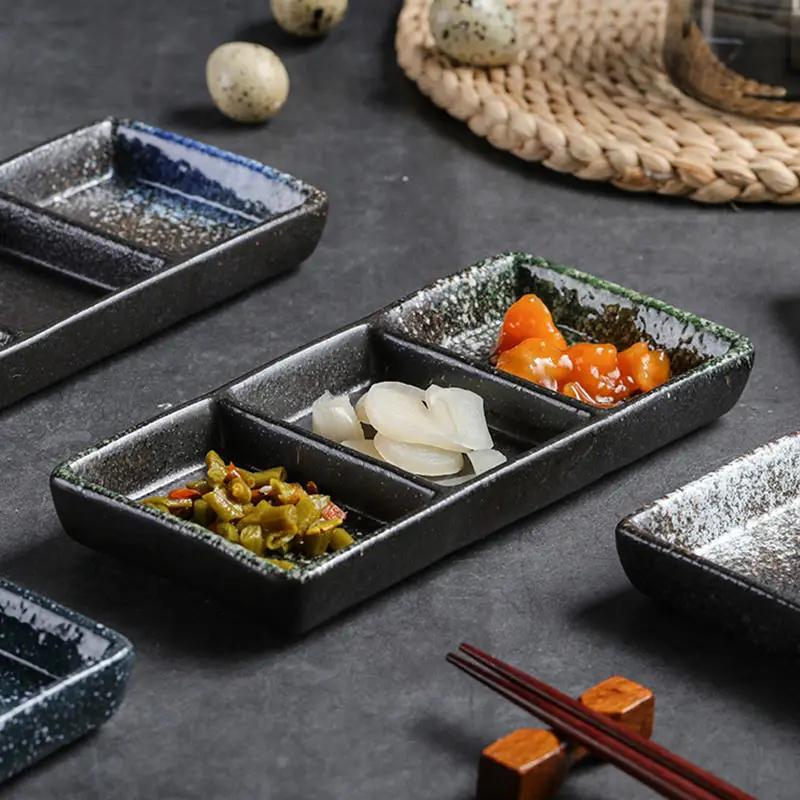 7.5 Inchs Ceramics 3 Grids Dipping Sauce Plate Japanese Retro Household Vinegar Dish Restaurant Hot Pot Dipping Sauce Tableware