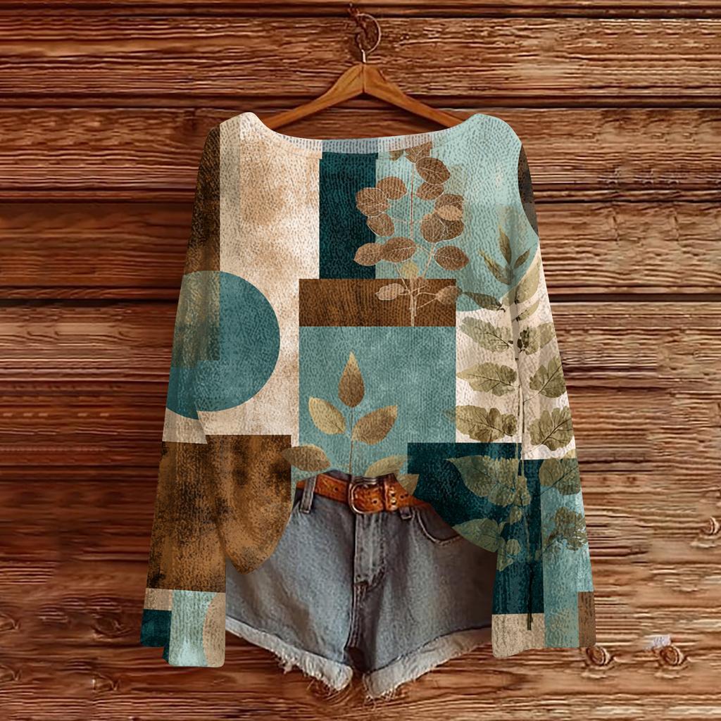 Women's Lightweight Sweater Casual Long Sleeve Knitted Vintage Floral Print Pullover