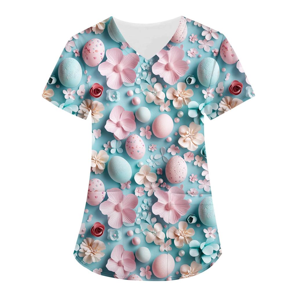 Женский свободный свитер с принтом пасхального яйца, V-образным вырезом, карманом, коротким рукавом