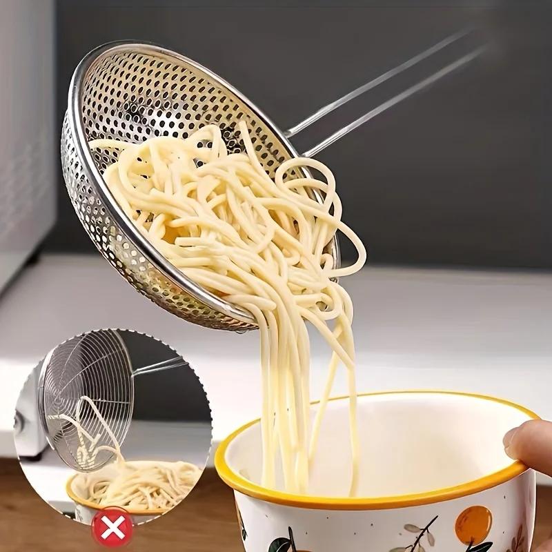 Stainless Steel Colander with Wooden Handle - Fine Mesh Skimmer Spoon for Cooking, Food Prep Grease Filtering for Pasta Noodles