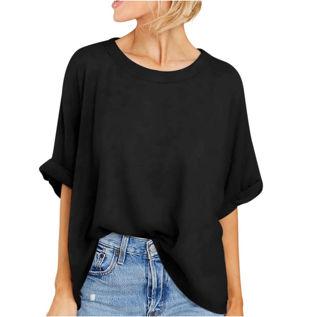 Women's Short Sleeve Dressy Solid Color Loose Top Summer Round Neck Loose Casual T-Shirt