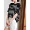 Летняя трикотажная женская футболка с короткими рукавами, свободный тонкий полосатый пуловер, женская футболка, элегантный повседневный свободный топ, простая футболка, женская одежда 3218