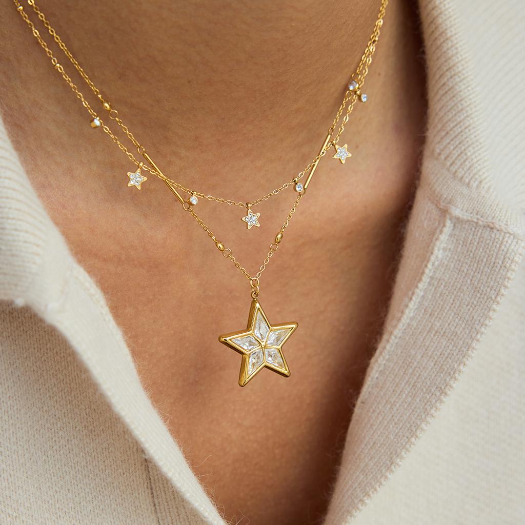 Uworld Plated Gold Color Shiny Zircon Star Pendant Necklace For Women Delicate Chain Charm Elegant Fashion Jewelry Gifts