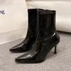Мода 2024 года, новый стиль, сексуальные женские лакированные кожаные сапоги с острым носком, короткие ботильоны, тонкие высокие каблуки, легкие и стильные