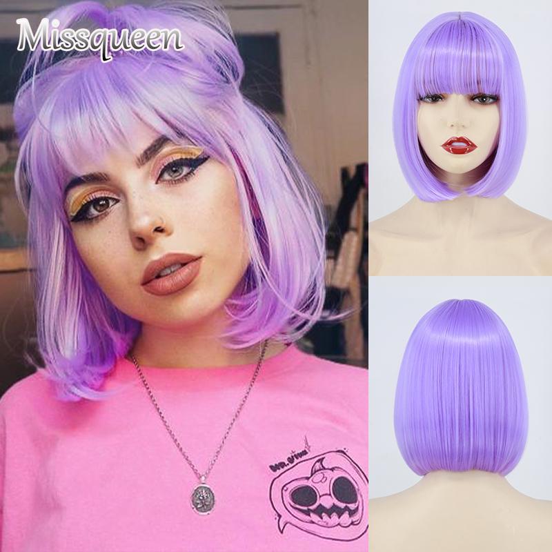 MISSQUEEN Women Cosplay Light Purple Shoulder Length Straight Bob Wig with Bangs Cosplay Purple Short Hair Synthetic Fiber Halloween Wig