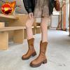 Модные коричневые туфли до середины икры с круглым носком, женские, рабочие, демисезонные, модные 2025, тренд ботинок, готические, косплей, новые горячие полусапоги для женщин