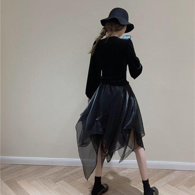 Юбка из тюля Y2K нестандартной формы, женская готическая юбка с высокой талией, асимметричная сетка, юбка-трапеция миди, корейская офисная женская универсальная юбка