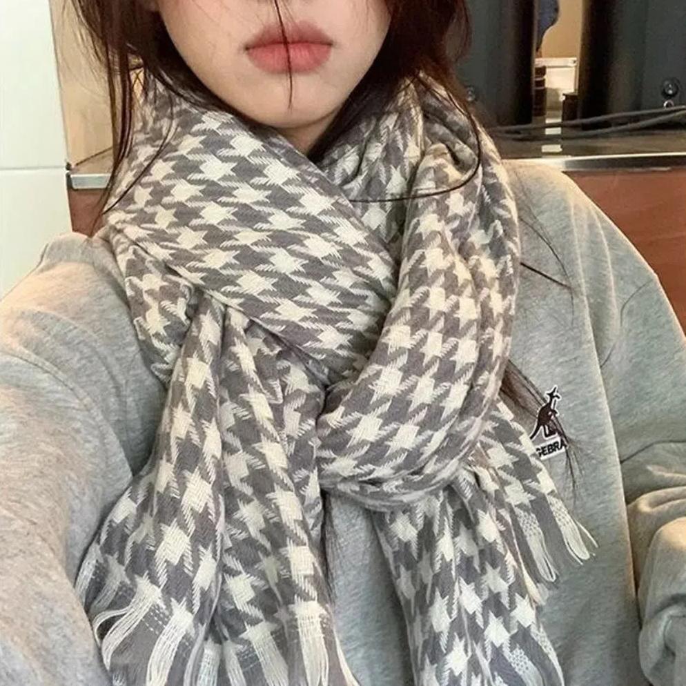 Korean Style Y2K Checkered Scarf Plaid Winter Cashmere Shawl Knitted Houndstooth Scarf Unisex