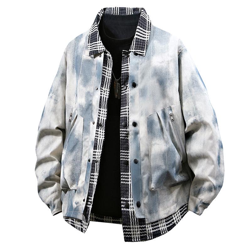 Весенние и осенние каникулы, два джинсовых пальто в клетку в стиле пэчворк, мужская новая мода, американская свободная повседневная куртка с узором тай-дай