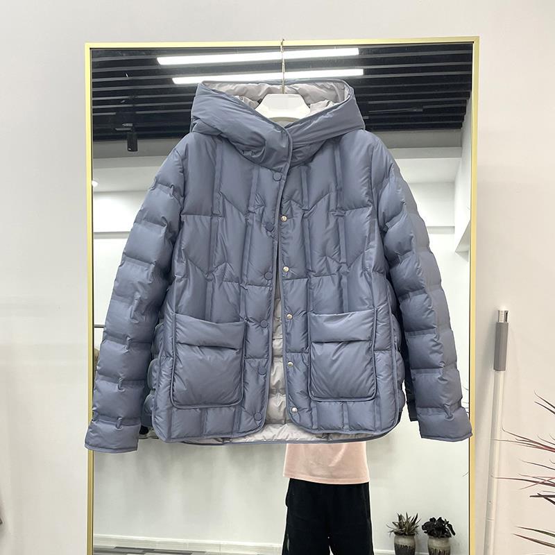 Light Down Jacket Women's Short Hooded Single Breasted Loose Straight Tube Autumn Winter White Duck Down Coat