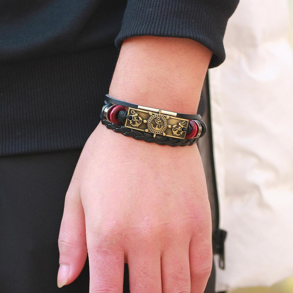 JMXD Винтажный плетеный браслет из натуральной кожи с подвесками в виде якоря и штурвала, ретро мужской модный аксессуар, эффектный браслет