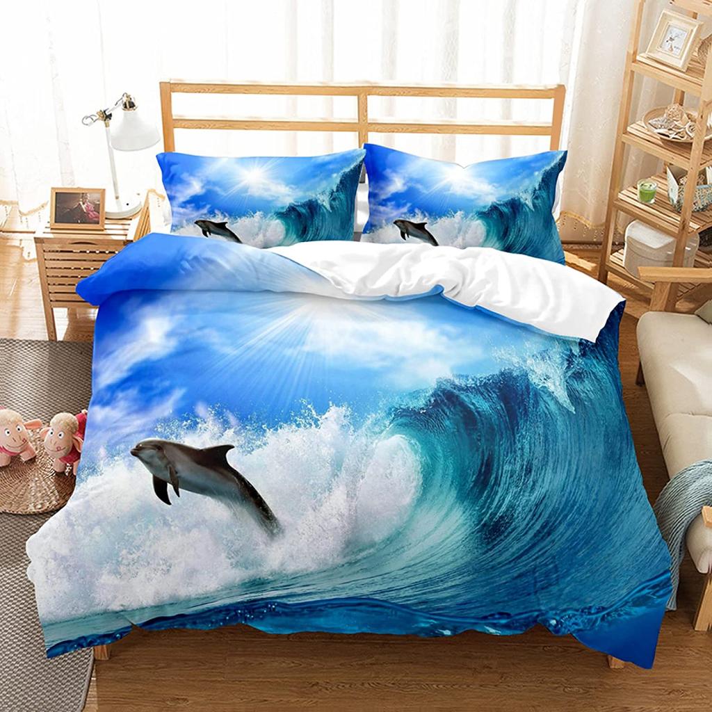 Dolphin Duvet Cover Set Cute Kawaii Wild Animals King Queen Full Size Polyester Bedding Set For Boys Girls Comforter Cover