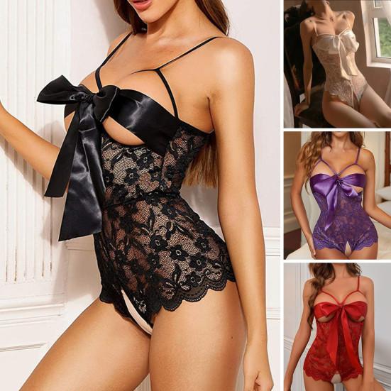 Женский сексуальный боди со шнуровкой и бантом на спине, без рукавов, тонкий прозрачный кружевной открытый промежностный цветок