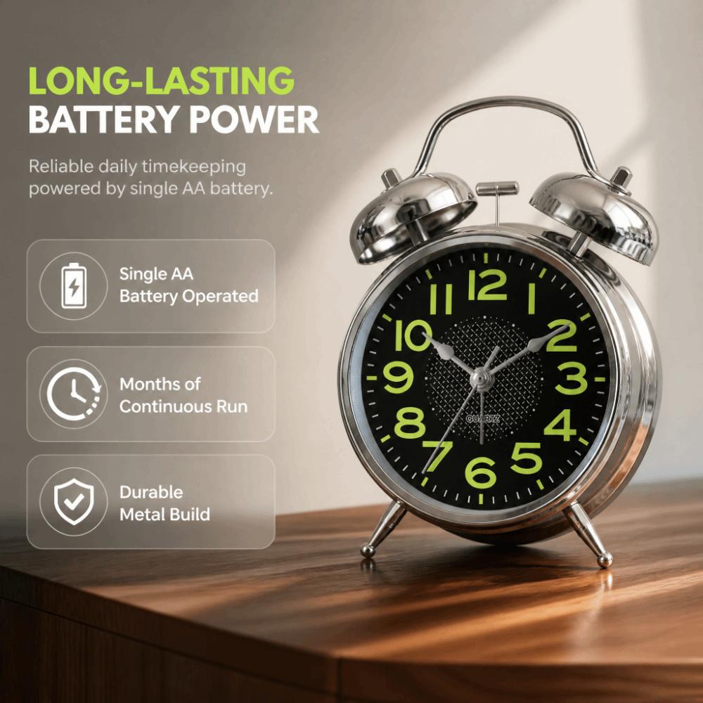 4 Inch Dial Twin Bell Alarm Clock Silver Battery Operated Alarm Clock For Heavy Sleepers