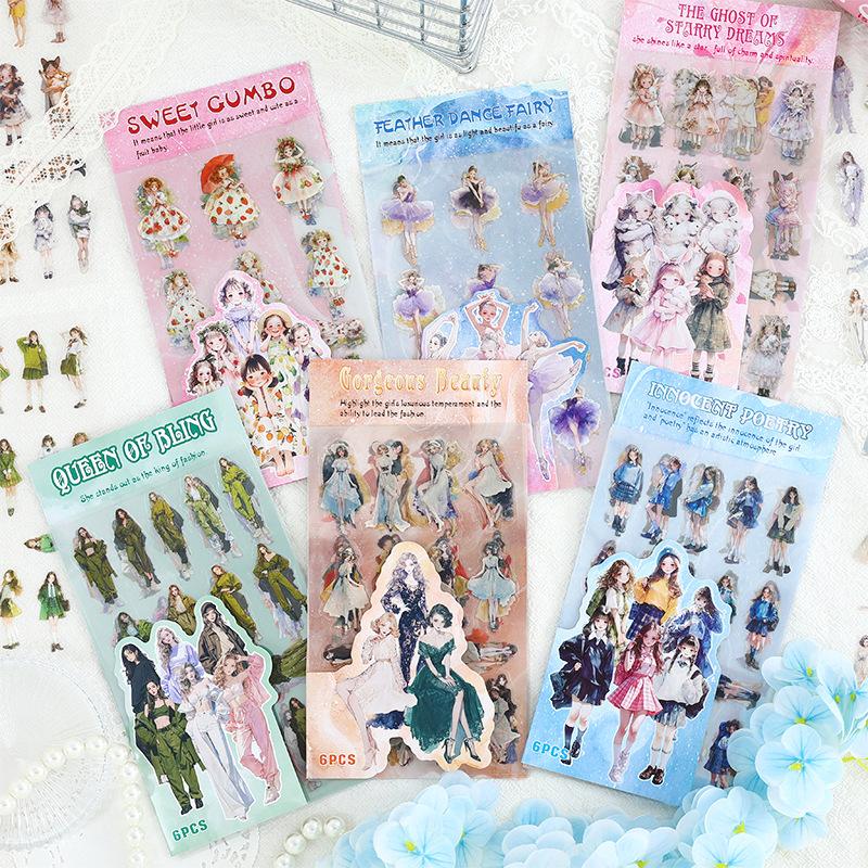 6 pcs Modern cute cartoon waterproof PET pocket sticker Creative stickers children's cute pocket sticker Scrapbooking Material