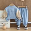 Boys'   Autumn Denim Three-Piece Suit - Children's Lapel Denim Sweater Jacket with Color-Matching Pockets and Jeans