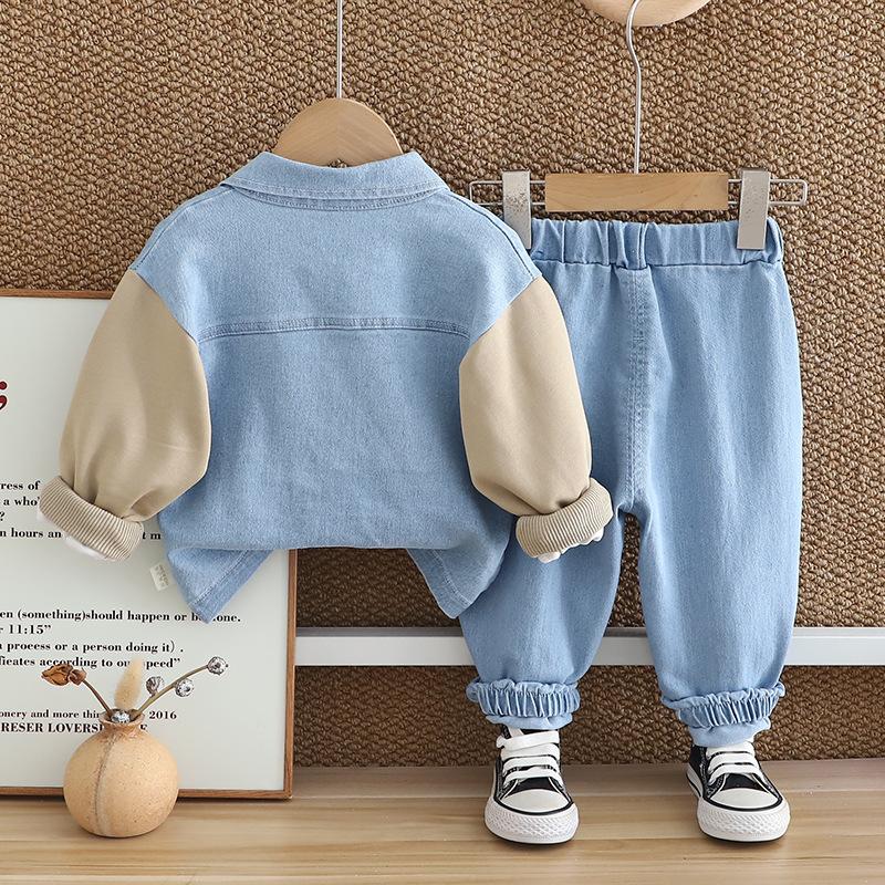 Boys' Autumn Denim Three-Piece Suit - Children's Lapel Denim Sweater Jacket with Color-Matching Pockets and Jeans