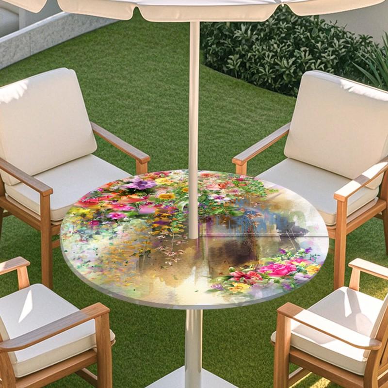 Outdoor Round Table Cover With Floral Print Oil Painting Style Waterproof Elastic Edge Patio Garden