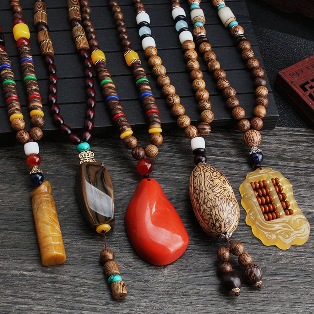 Ethnic Handmade Buddhist Jewelry Horn Mala Pendant Wood Beads Necklace Long Necklace