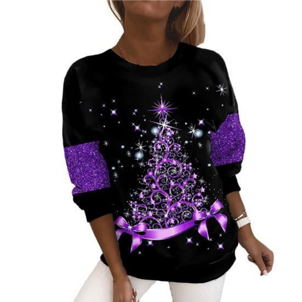 Christmas Women Sweatshirt Designer Round Neck Long Sleeve Loose Casual Christmas Tree Design Interesting Graphic Print Top