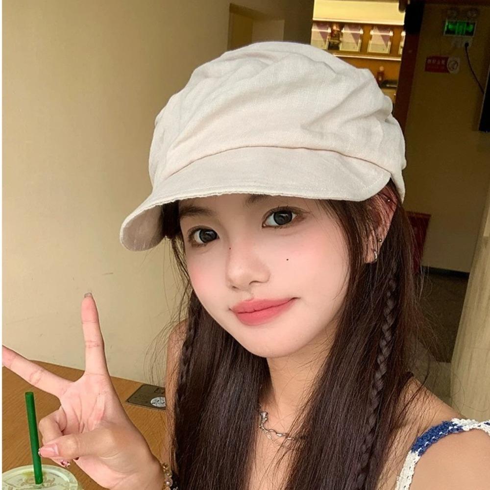 Ins Japanese Linen Berets Pleated Versatile Newsboy Hats Classic Soft Peaked Caps Women