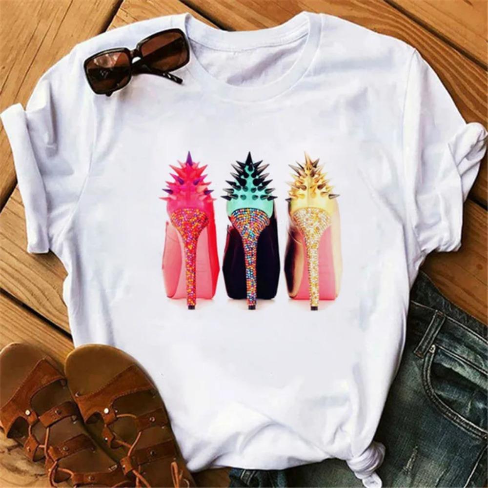 New Fashion High Heels Personalized Printed Women's Summer Short Sleeve T-shirt Casual Tops Oversized T Shirt Harajuku Tee