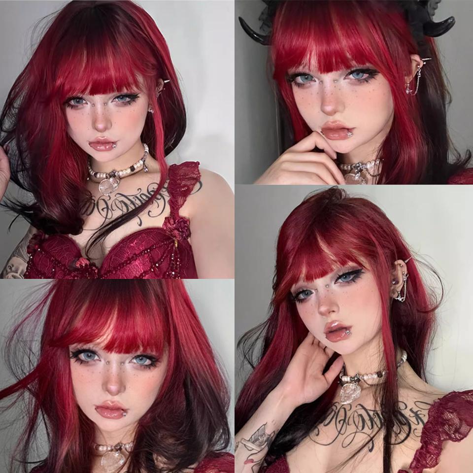 Red Gradient Black Straight Hair Synthetic Wig Female Daily Sweet and Cool Style Layered Gradient Long Wig