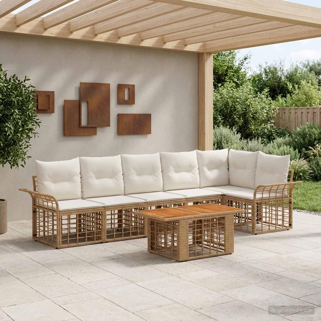 Garden Sofa Set 7 Pieces Natural and Cream White Poly Rattan