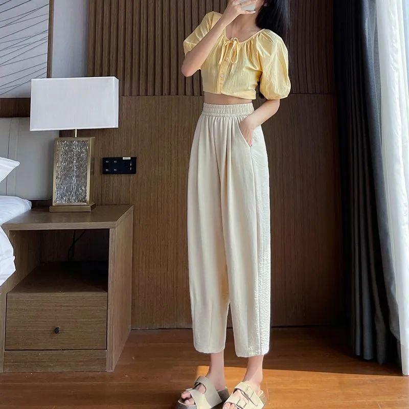 Женские летние тонкие свободные и узкие брюки-морковки с высокой талией и девятью точками, верхняя одежда из ледяного шелка, солнцезащитные повседневные шаровары