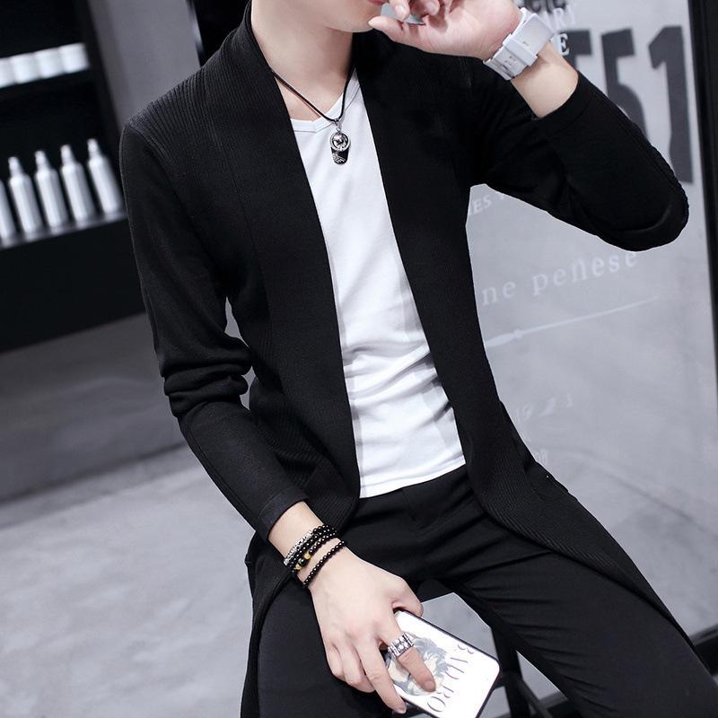 Trench Coat Men's Medium and Long Spring and Autumn Youth Knitted Cardigan Jacket Thin Korean Version Casual Lapel Slim Sweater Top