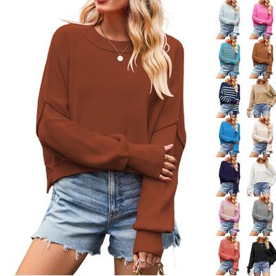 Женский однотонный полосатый модный трикотаж с круглым вырезом, свободный пуловер-свитер