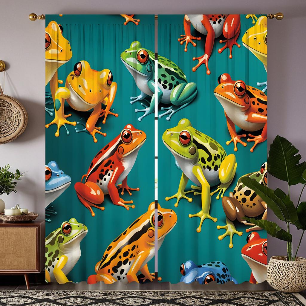 2pcs HD Cute Cartoon Frog Decorative Curtain Green Tie Digital Printed Curtain Home Decoration Style Decoration Living Room B