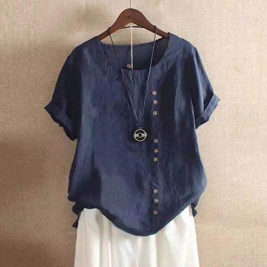 Women Casual Tops O-Neck Short Sleeve Buttons Decor Tee Shirt Loose Fit Solid Color Pullover