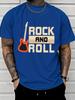 Unisex Blue Tee Retro Rock Roll Electric Guitar Graphic Print Short Sleeve Loose Casual Top For Adult Male Daily Street Wear Outfit