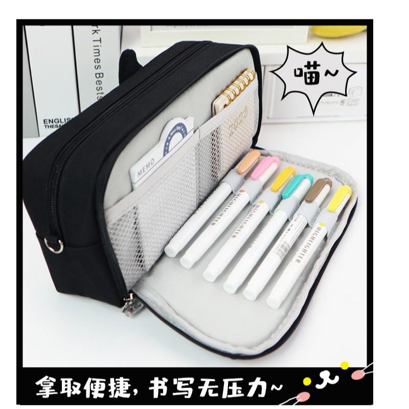 Black White Cat Print Handheld Pencil Case, Large Capacity Student Stationery Pouch, Portable School Pen Bag