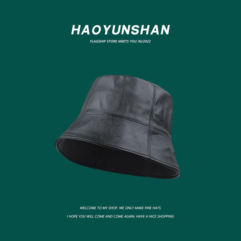 Japanese-style niche makeup for concealing the face pu Leather bucket hat for men and women, casual and versatile, makes the face look smaller,