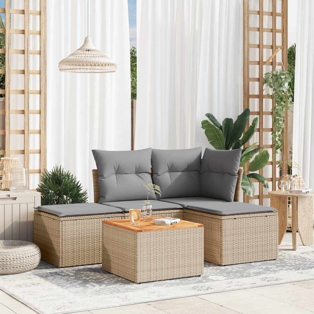 5 piece garden sofa set with cushions beige poly rattan