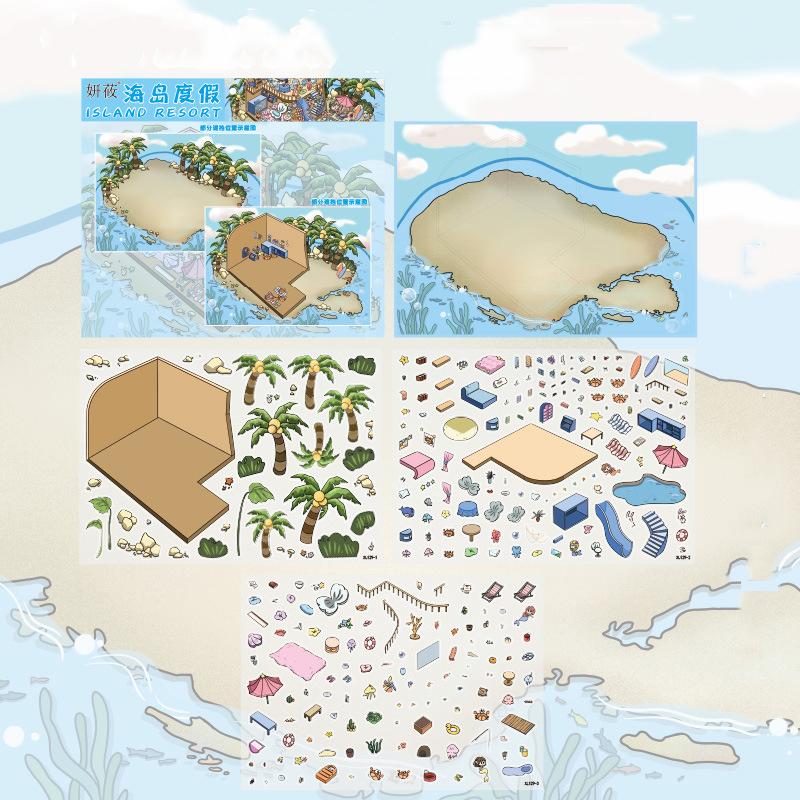 Plus Size Kawaii 3D Island Vacation Apocalypse Hospital Miniature Scene Stickers DIY Scrapbook Stacking Scenery Stickers
