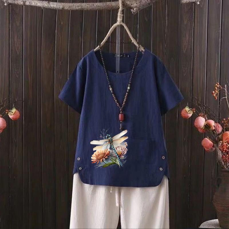 2025 Лето Новая стрекоза Принт V-образный вырез Хлопок Конопля Женская Повседневная Футболка