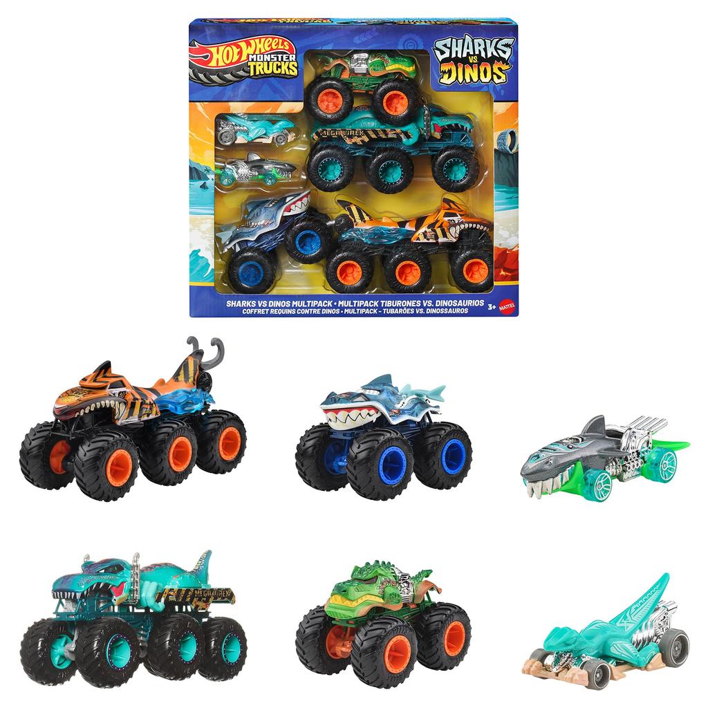 Hot Wheels Monster Truck Shark Vs. Dino Collection Set, Vehicle Toy, 6 Mini Cars, Ages 3 and Up, Multi-Purpose, JGD68
