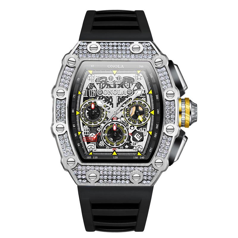 New Fashion Full Diamond Top Brand Multi-function Waterproof Quartz Men's Watch Silicone Band Sports Watch