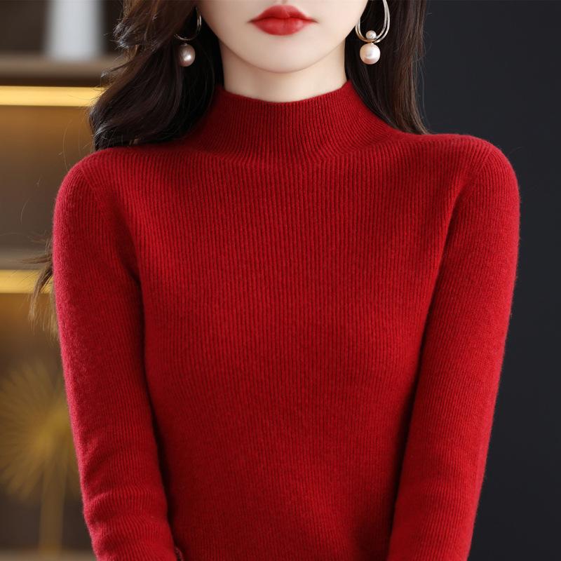 Women's Slim-Fit Korean Style 100% Wool Sweater, Half-High Neck Knit Base Layer for Autumn/Winter