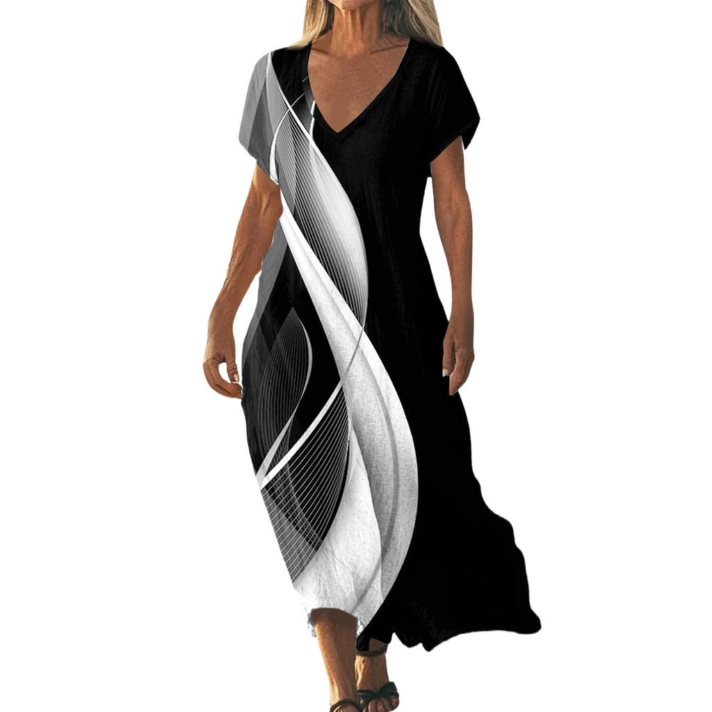 Fashion Women's Summer V-Neck Short Sleeve Floral Print Beach Dress