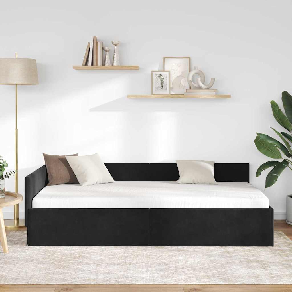 L shaped bed frame with headboard black 90 cm x 200 cm velvet