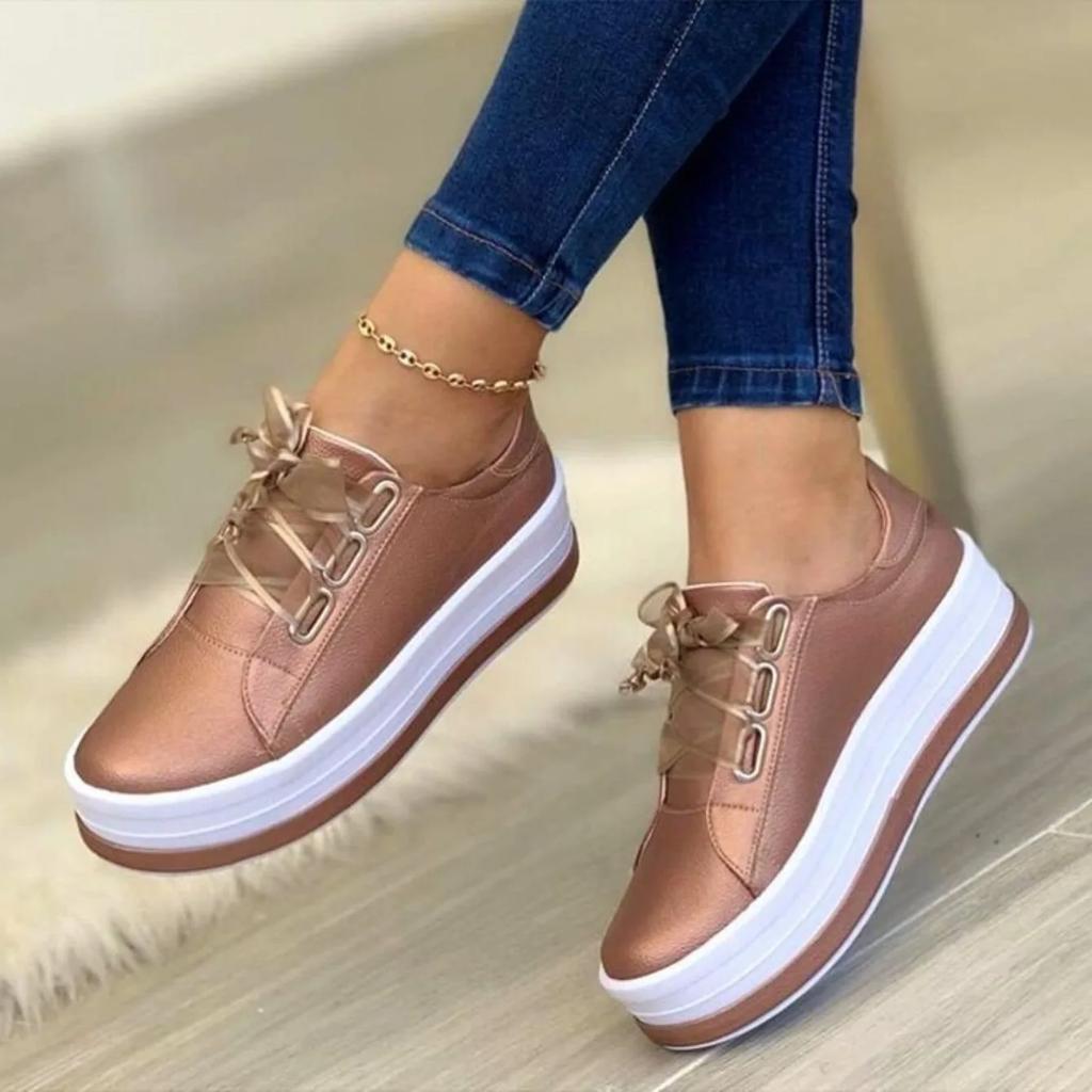 Fashion Women Sneaker Shoes Casual Round Toe Platform Shoes Lace Up Tennis Female Sneakers Solid Color Ladies Loafers Sneakers for Women