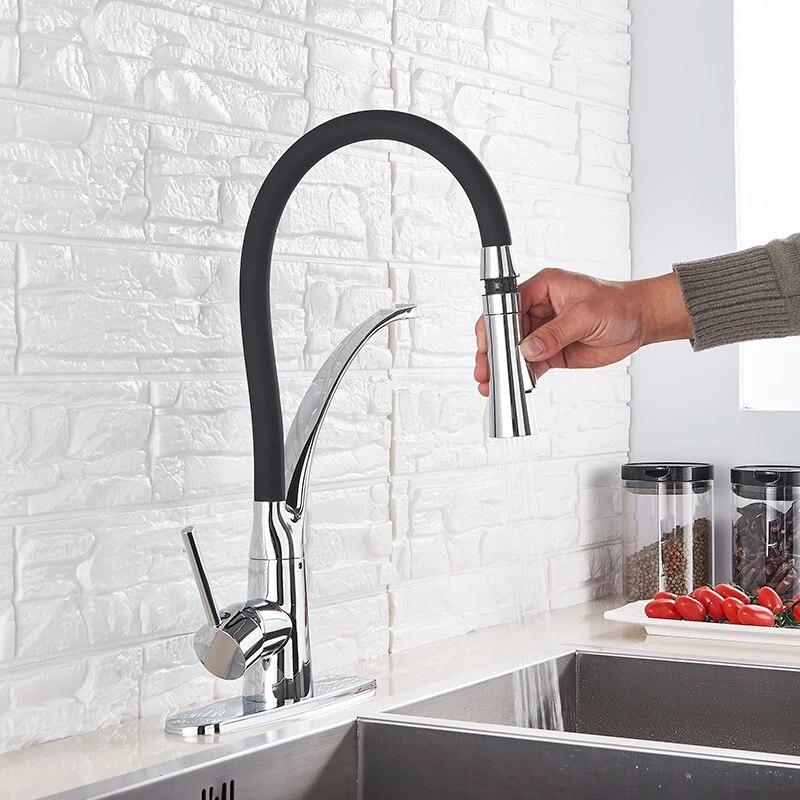 Black/Nickel/Chrome/Gold Rubber Kitchen Faucet Sink Faucet 360 Degree Rotation Pull Down Stream Sprayer Hot Cold Water Mixer Tap