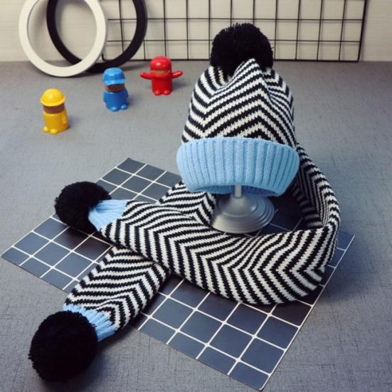 2 шт./компл. Детская осенне-зимняя шапка и шарф, плюшевый помпон, полосатый принт, шапка без полей, вязаный шарф