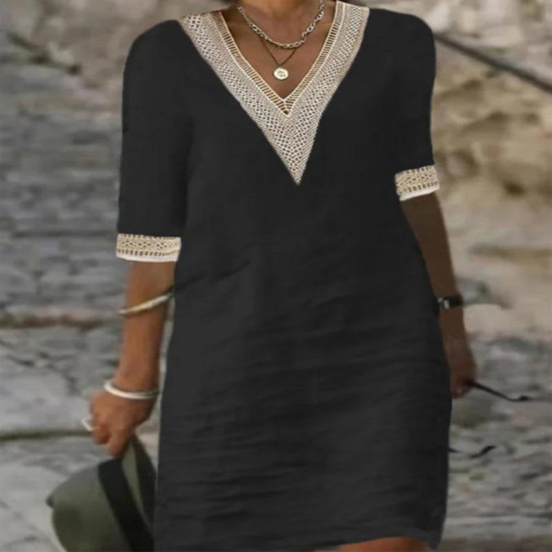 Весна и лето Новое однотонное платье с V-образным вырезом и рукавами средней длины
