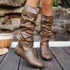 Плиссированный дизайн Плоские ботфорты до колена Женские Ретро Коричневые из ПУ кожи Вестерн ботинки Женские Декор ремешком с пряжкой Молния Длинные боты Женские